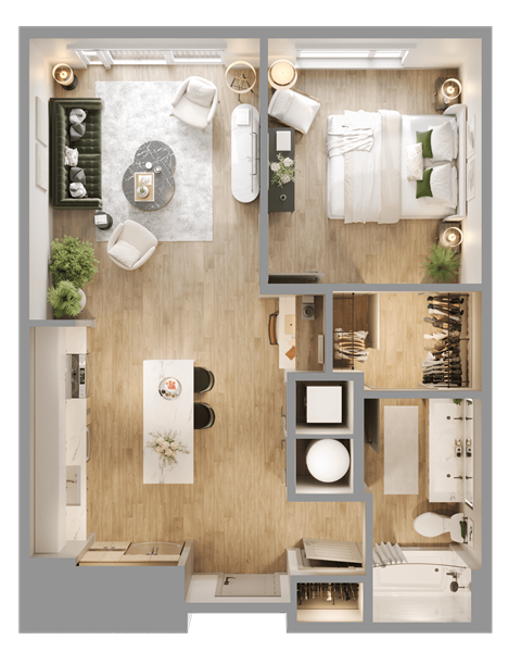 a 3d rendering of a bedroom with a wood floor